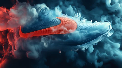 Dynamic blue sneaker drifting through bold swirling smoke.