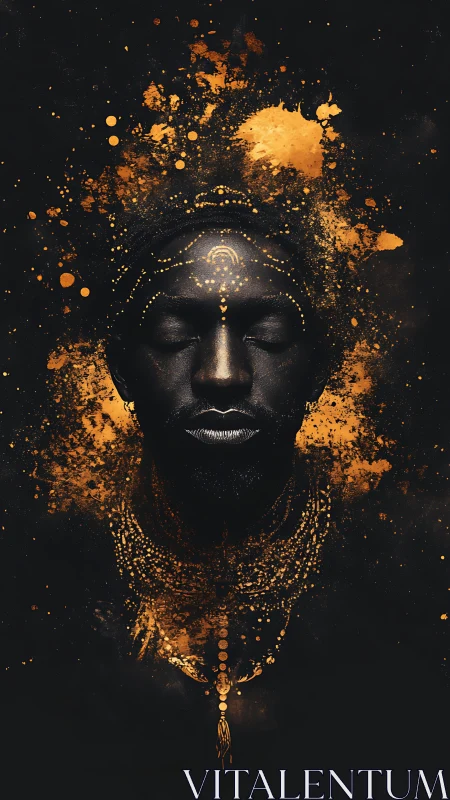 Golden pigment halo envelops meditative black portrait.