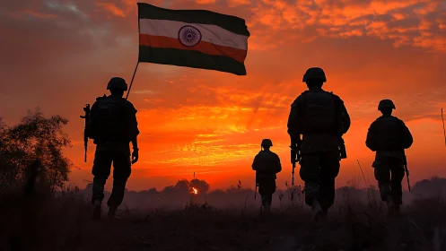 Indian soldiers silhouetted at sunset carrying national flag.
