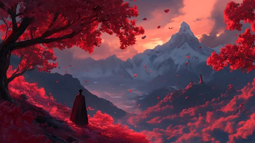 Cloaked wanderer in crimson forest before glacial peak at dusk