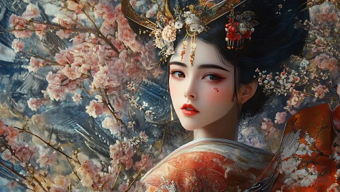Blossom-crowned empress gazes through a storm of petals.