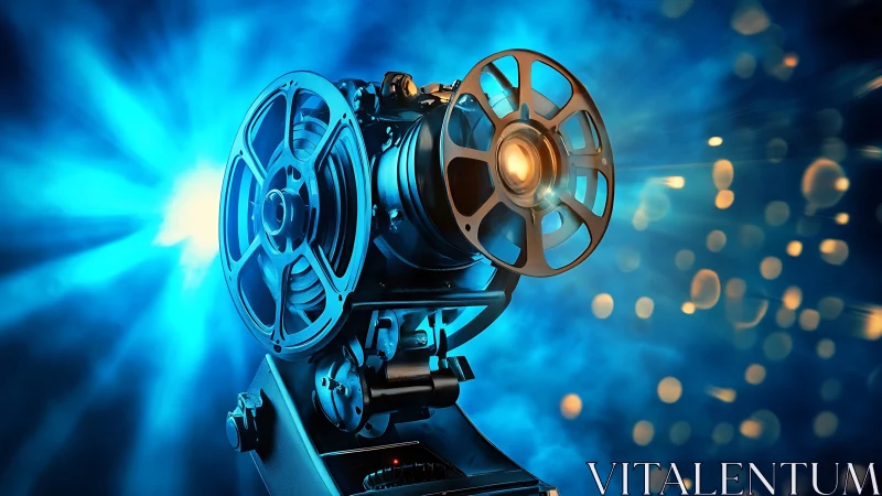Vintage film projector glows in cinematic blue bokeh haze.