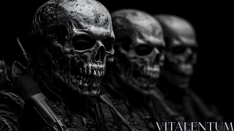 Tactical skeletal soldiers in low key formation with armor detail