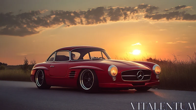 Classic red coupe glows against a serene country sunset.