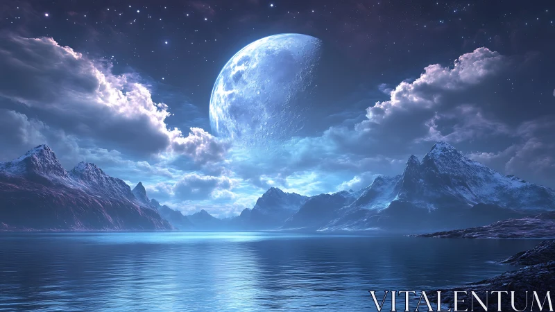 Moonlit crystal shores under a dreamy alien night sky.