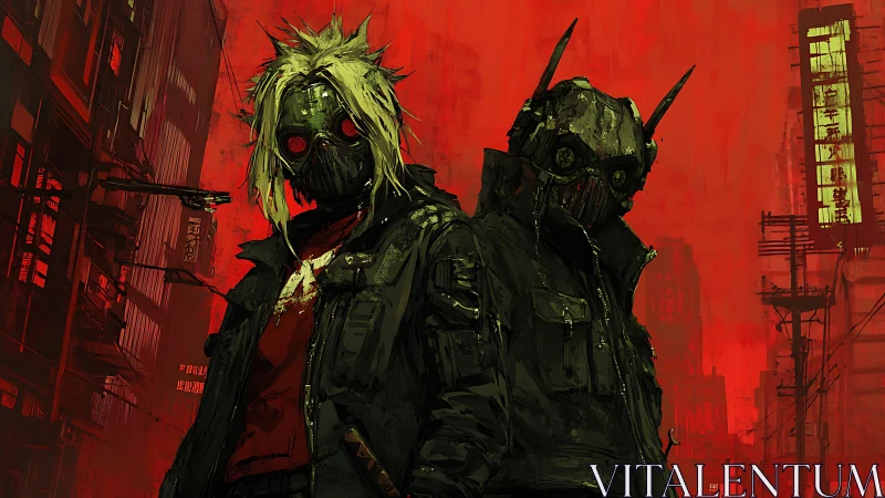 Masked cyberpunk enforcers confront a burning red cityscape.