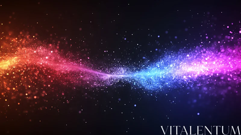 Multicolored particle stream across dark gradient background.