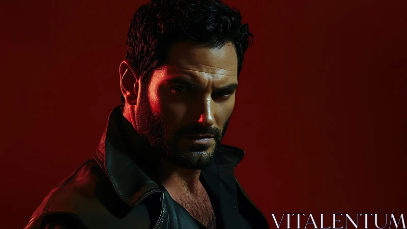 Moody low‑key portrait with rim lighting on leather‑clad man