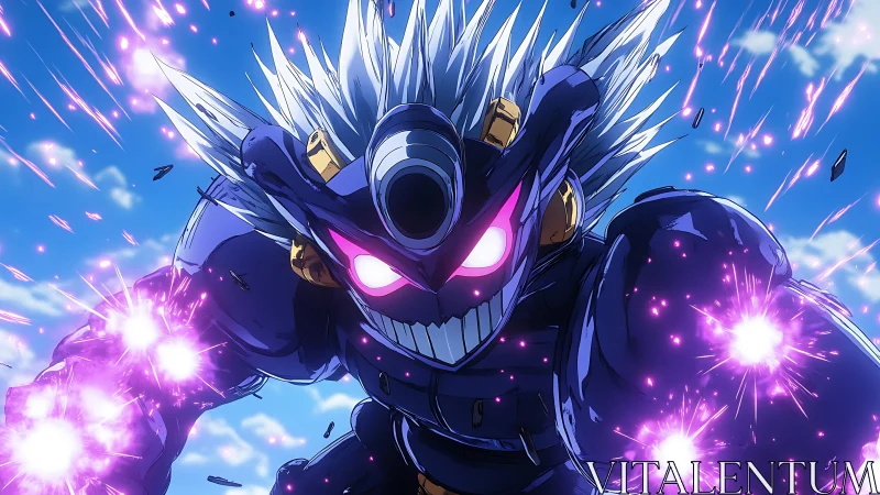 Armored anime warrior charging with violet energy blasts.