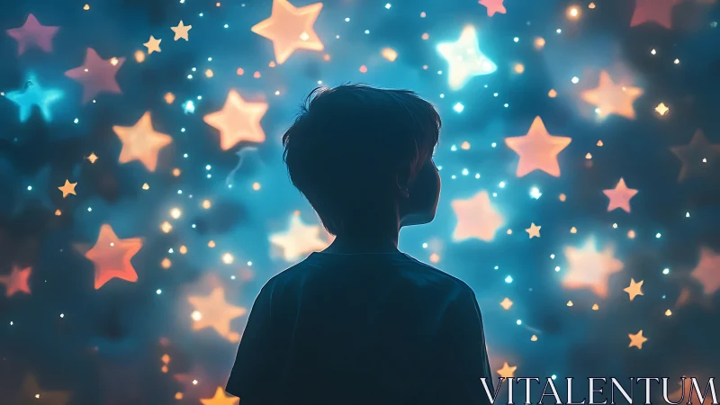Silhouetted child gazing at luminous bokeh stars in teal haze