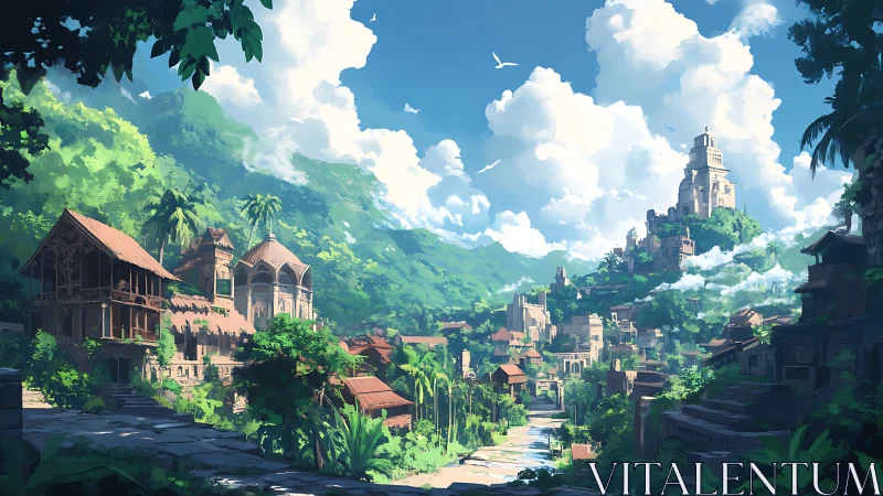 Sunlit jungle kingdom climbs skyward through lush emerald hills