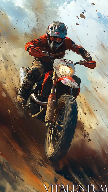 Dusty trail rider kicking up dirt with fearless energy.