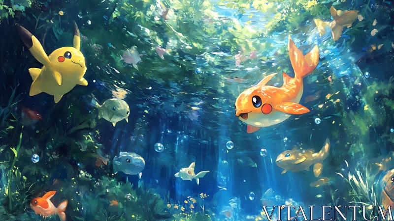 Aquatic forest scene with stylized electric creature and fish