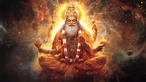 Seated multi-armed figure in radiant cosmic environment.