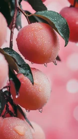 Dewy ripe peaches hang from branch against soft pink bokeh.