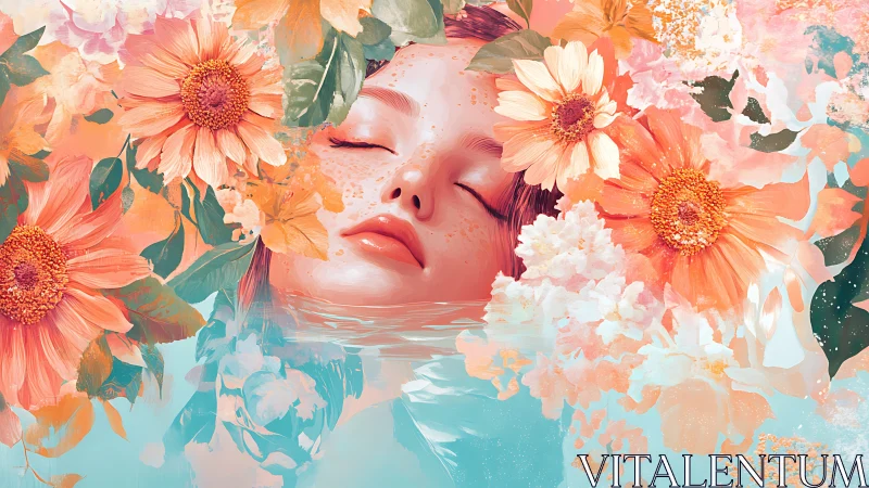 Female face submerged among large pastel flowers in water.
