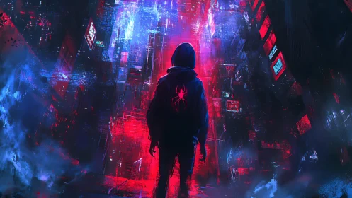 Hooded figure in neon cyber alley with glowing spider emblem.