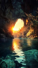 Sunlit sea cave with stratified rock textures and reflective water