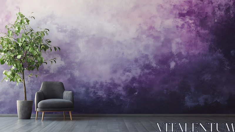 Gray armchair and potted tree against purple textured wall