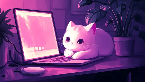 Glow-lit white cat curls on laptop in cozy neon workspace.