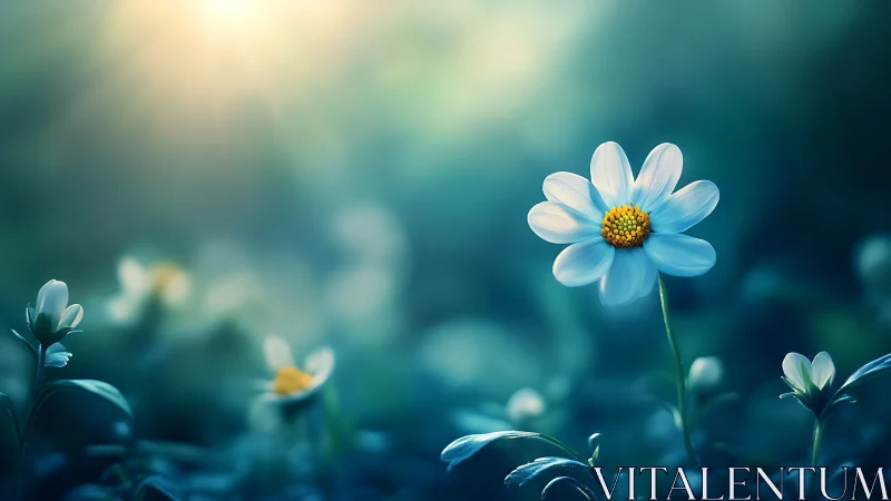 White cosmos flowers blooming against soft teal backdrop.