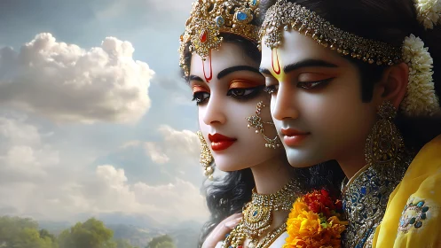 Divine lovers in golden light beneath soft summer clouds.