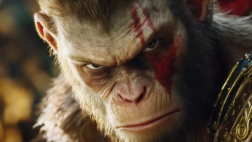 Primal warrior close‑up with crimson warpaint glare.