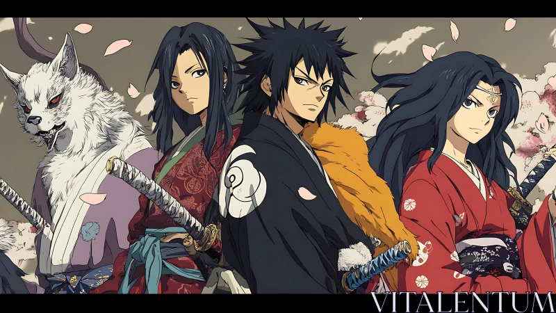 Samurai quartet with yokai companion in dynamic sakura tableau.