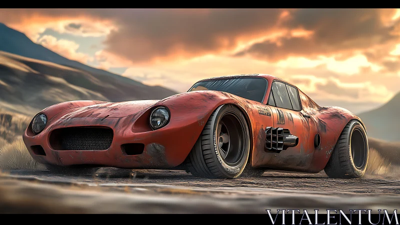 Weathered red race car on dusty road at sunset landscape.