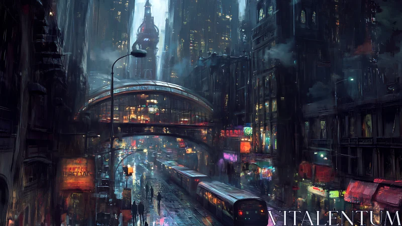 Nocturnal cyber-artery with elevated transit concourse, raining.