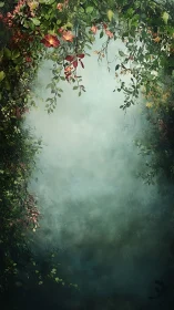 Secret garden archway framed by dreamy misty greenery.