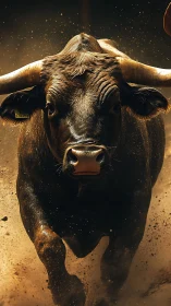 Charging bull in cinematic dust cloud, dramatic close-up scene.