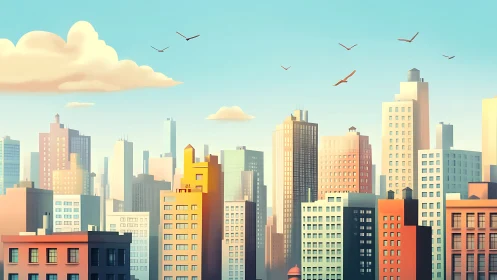 Stylized city skyline shows midrise towers under clear sky