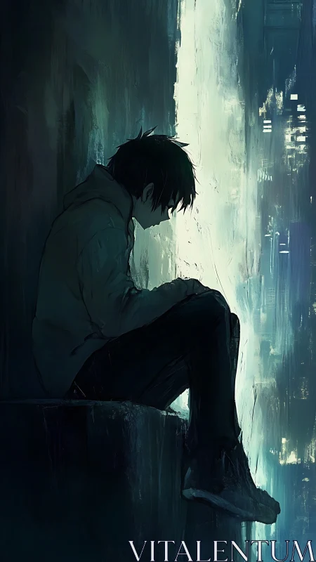 Solitary seated figure in hooded jacket beside vertical light.