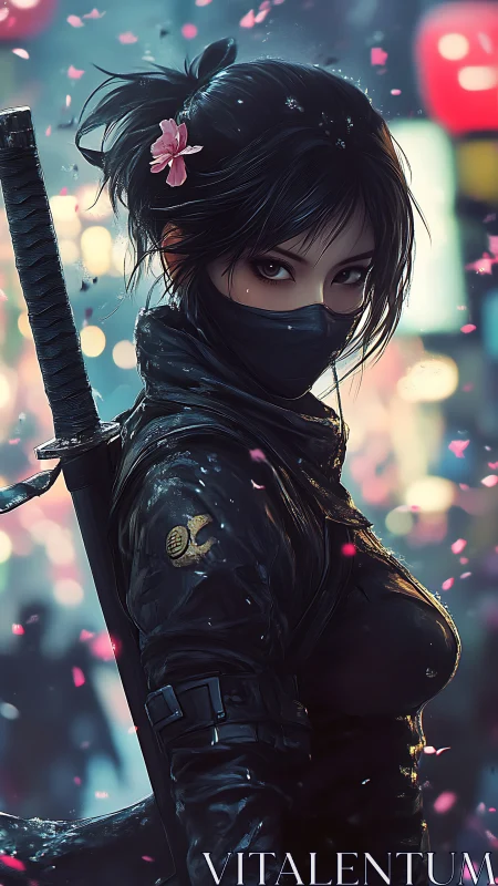Masked female ninja in urban night scene with petals.