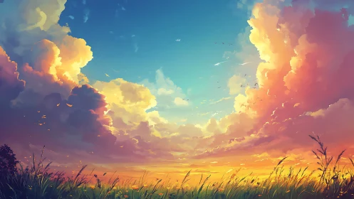 Radiant cumulonimbus vista over spectral sunset grassland.