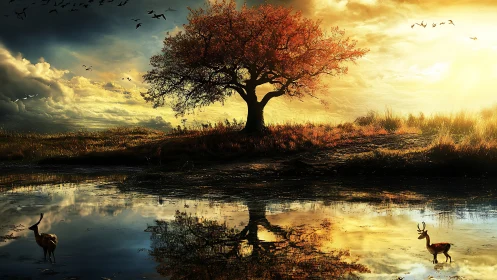 Solitary autumn tree over reflective pond at sunset.