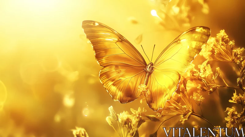 Golden butterfly glows in radiant sunset-hued meadow light