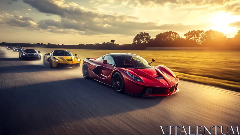 Red supercar leads high speed convoy on open racetrack.