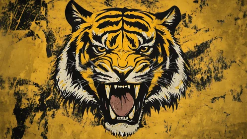 Roaring tiger head dominates distressed yellow grunge field