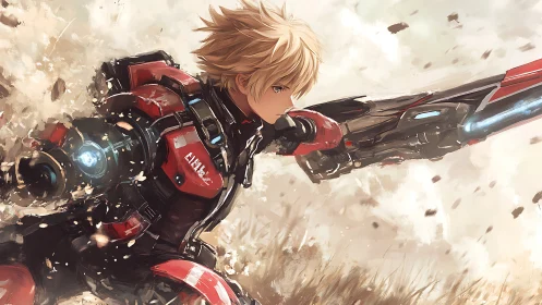 Cyborg soldier charges through debris with energized rifle.