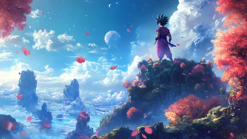 Young warrior quietly greets a vivid floating sky realm