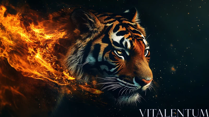 Blazing tiger spirit strides through darkness with calm power
