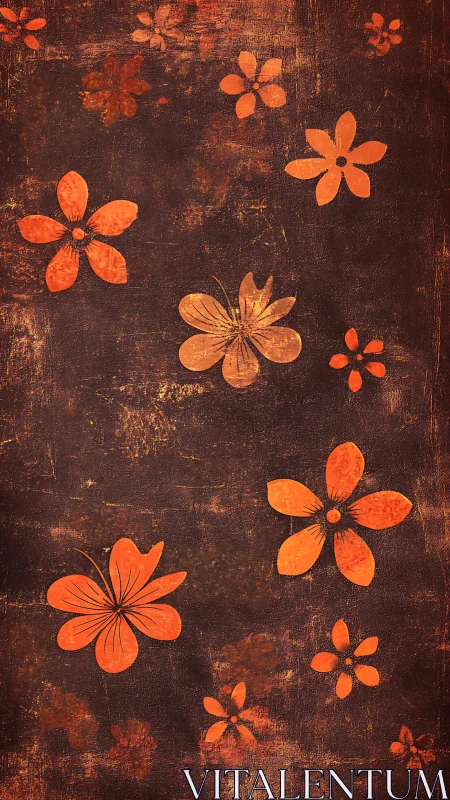 Orange Flowers on Weathered Brown Textured Background