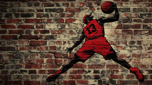 Street-court leap captured in bold red brickside graffiti.