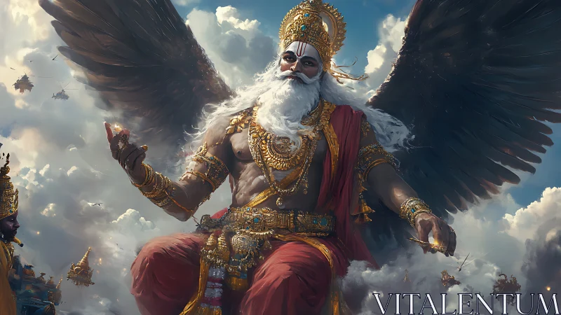 Winged warrior deity seated in golden armor above clouds.