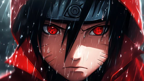 Scarlet-eyed ninja stands defiant under driving rain