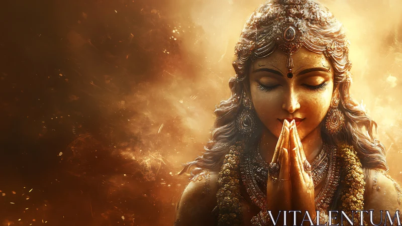 Divine aureate deity in prayer, volumetric light diffusion.