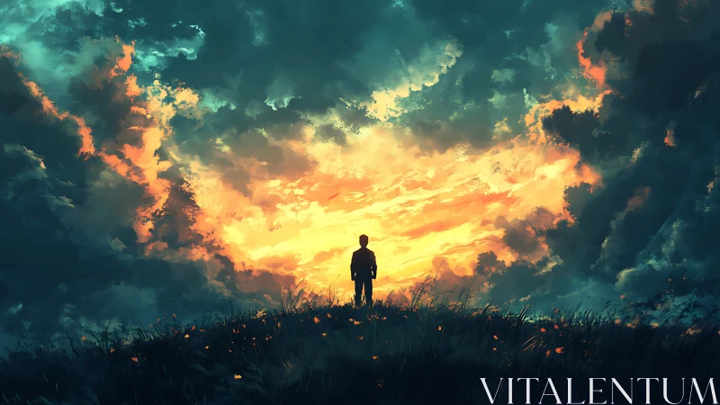Lone figure watches blazing sunset sky from grassy hilltop.
