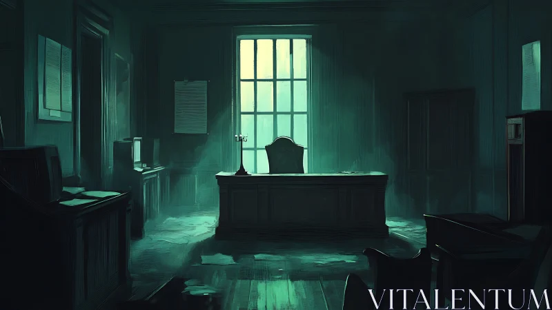 Quiet courthouse office glowing with pale morning light.